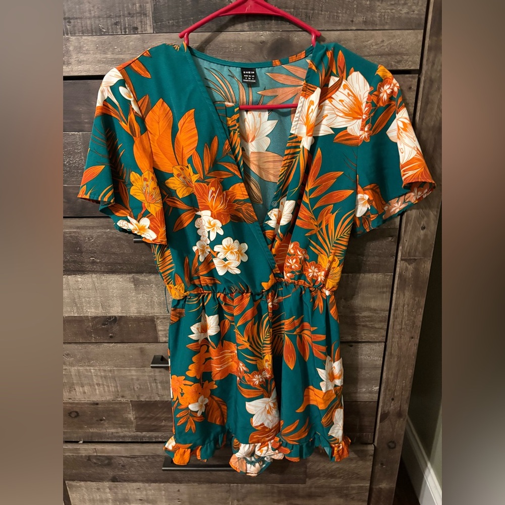 SHEIN Teal Floral Wrap Romper with Orange & White Blooms